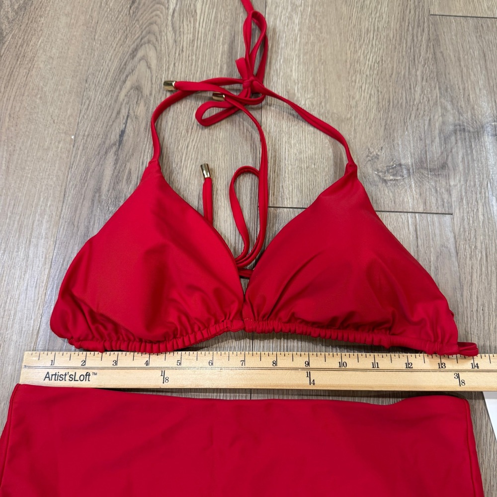 Quince Cherry Red Bikini Set Triangle Halter Top XL High Waisted Bottoms L NWT - Picture 3 of 6